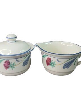 Lenox Poppies on Blue Lidded Sugar Bowl and Creamer Chinastone Discontinued
